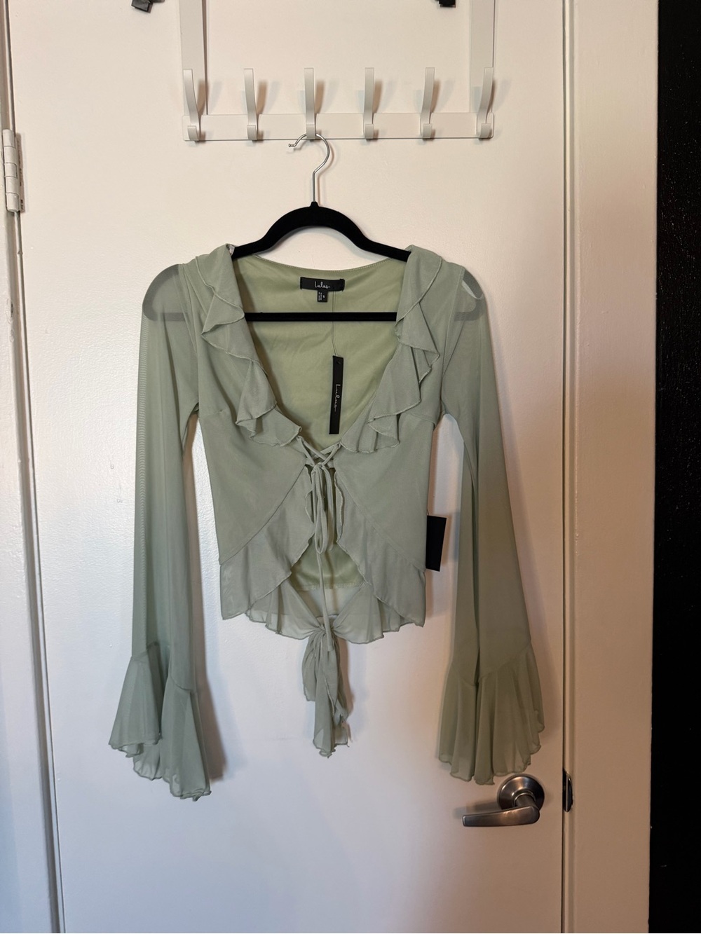 Lulu's Sage Green Ruffle Tie-Front Mesh Top (color sold out)